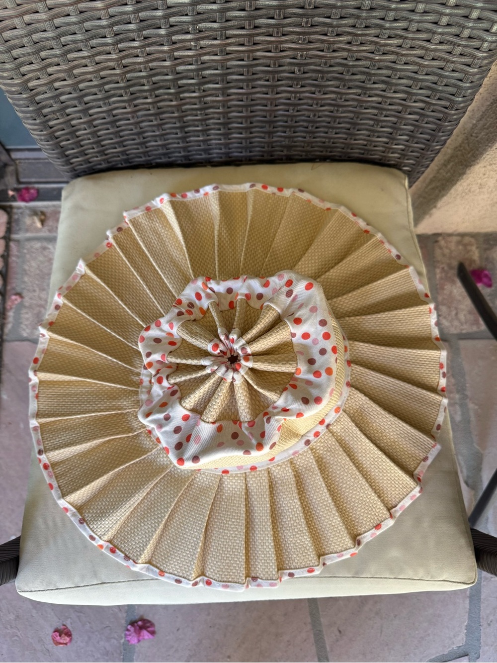 Packable Pleated Straw Sun Hat with Pink Polka Dot Trim - Picture 4 of 10